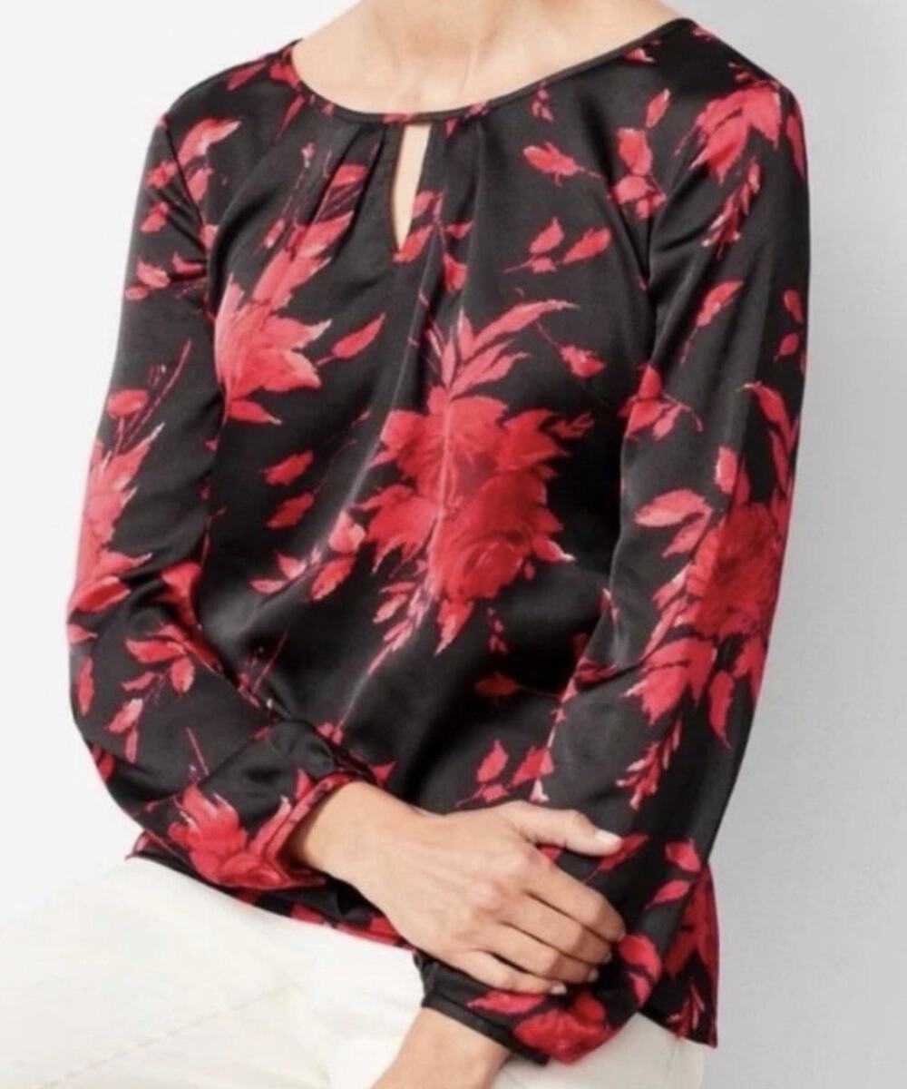Talbots Women 2X romantic black red floral victorian silky blouse shirt business
